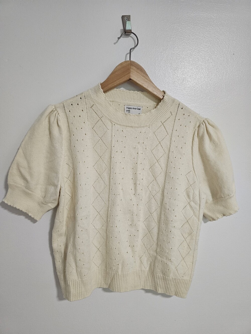 Frank And Oak Pointelle Knit Cream Sweater Size L Short Sleeves Merino Wool